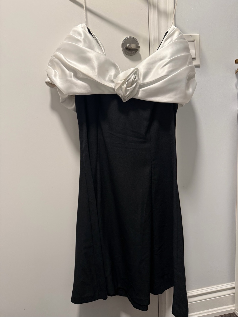 Vintage Black and White Strapless Satin-Detail Evening Dress